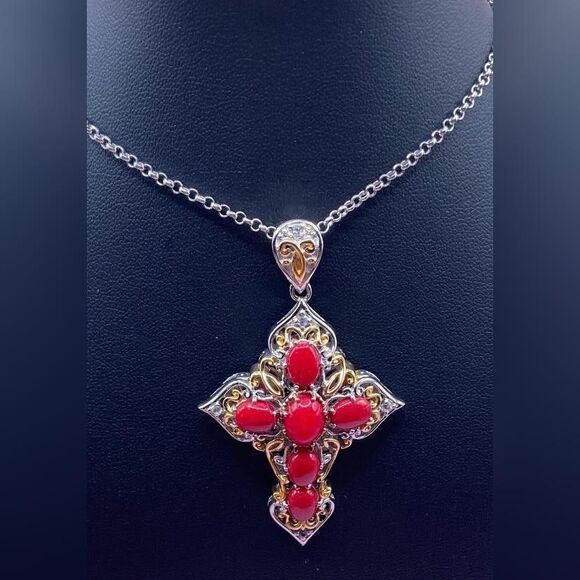Made in Italy 925 Sterling Silver Red Cabochon Cross Pendant Necklace Two Tone - Picture 1 of 6
